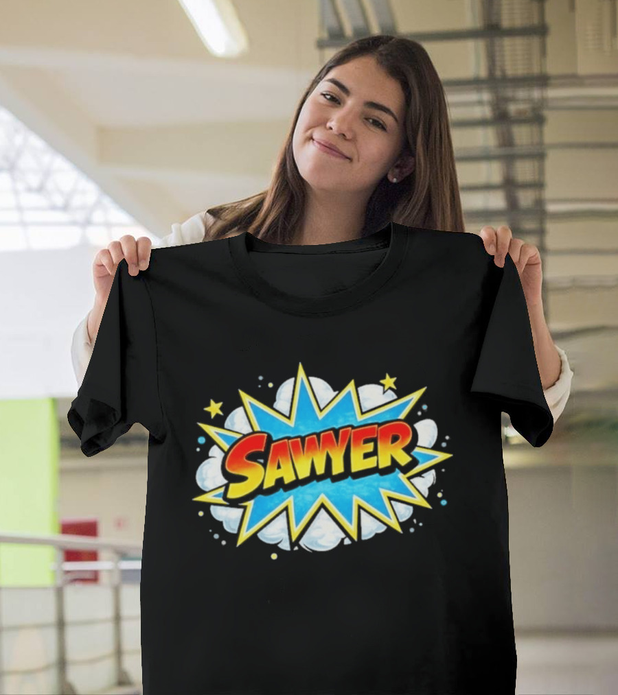 Sawyer Comic Book Style Burst Name With Stars And Clouds T-Shirt