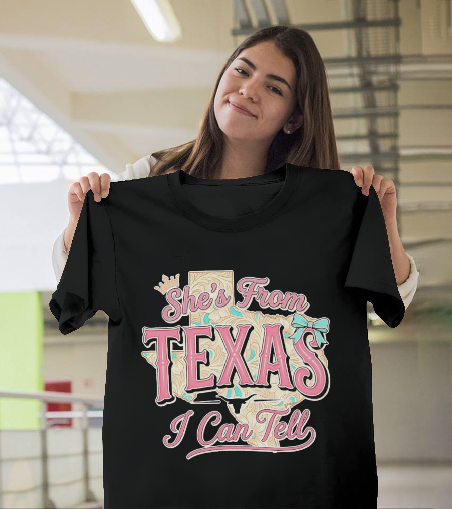 She's From Texas I Can Tell Texas Map Crown Bow T-Shirt