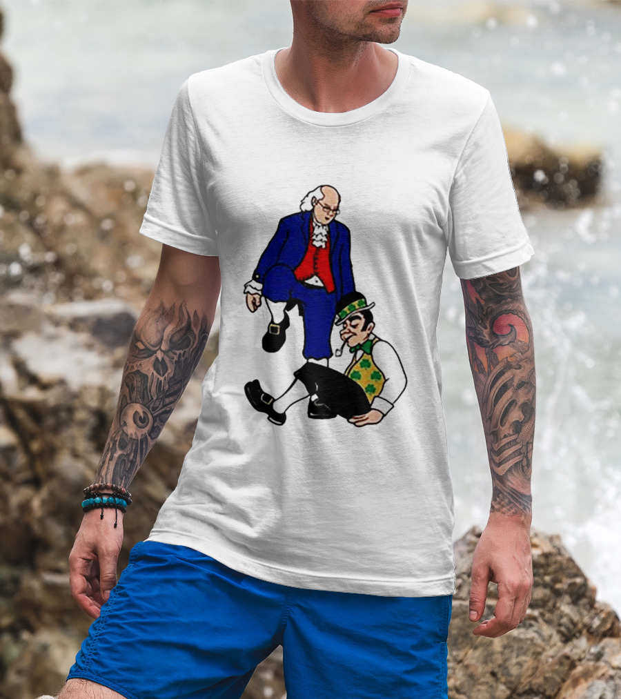 Ben Franklin Stepover Cartoon Colonial Vs Leprechaun T-Shirt