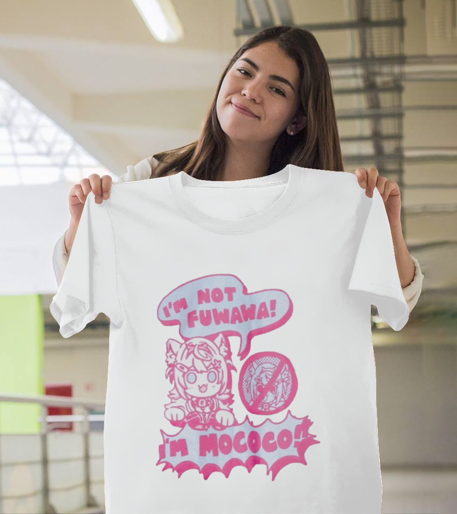 I'm Not Fuwawa I'm Mococo Anime Character Expression Pink And White Speech Bubbles T-Shirt