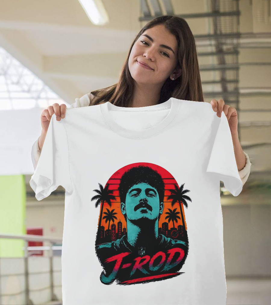 J Rod Retro Sunset Vibes With NFL And Palm Trees T-Shirt