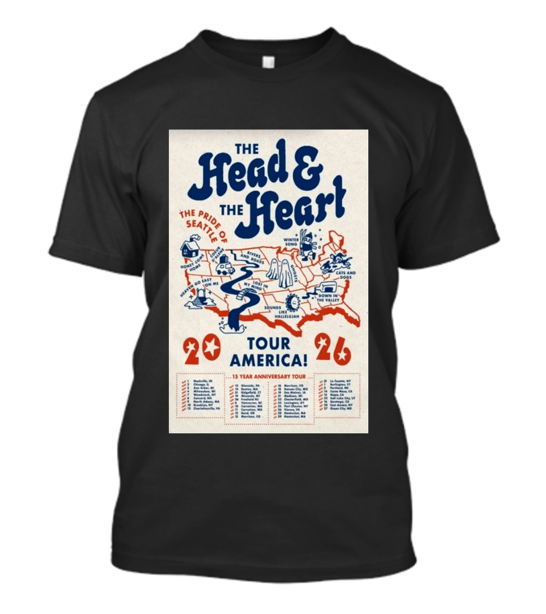 The Head And The Heart Tour America 2026 Pride Of Seattle Map 15 Year Anniversary T-Shirt