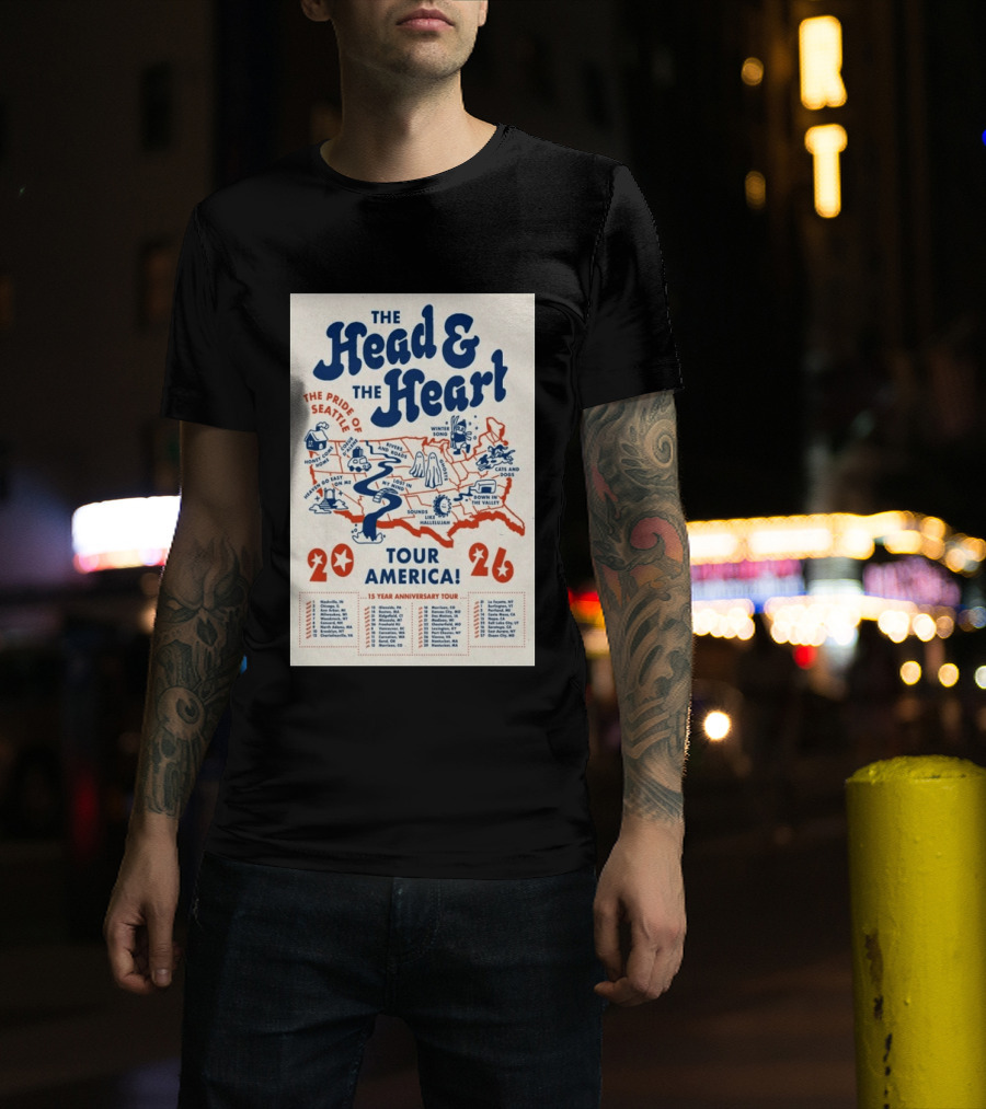 The Head And The Heart Tour America 2026 Pride Of Seattle Map 15 Year Anniversary T-Shirt