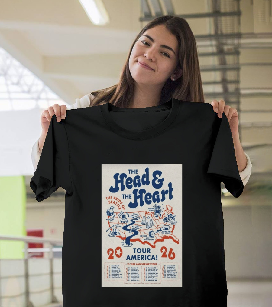 The Head And The Heart Tour America 2026 Pride Of Seattle Map 15 Year Anniversary T-Shirt