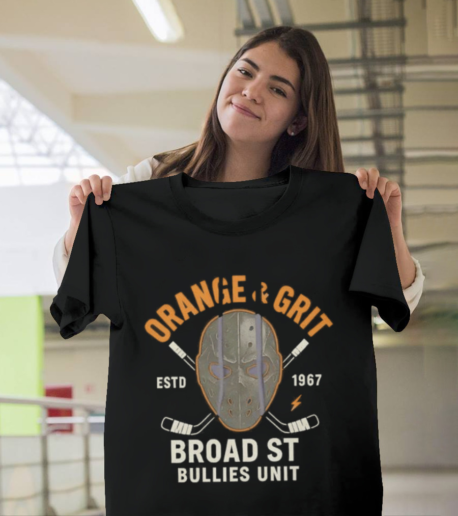 Orange And Grit Broad St Bullies Unit ESTD 1967 Hockey Mask And Sticks T-Shirt