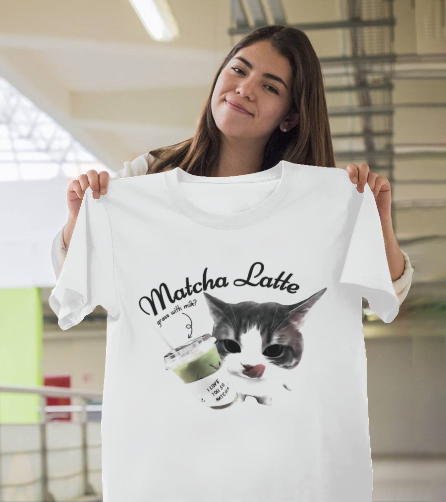 Matcha Latte Coffee Cat Kawaii With Paw And Tail T-Shirt