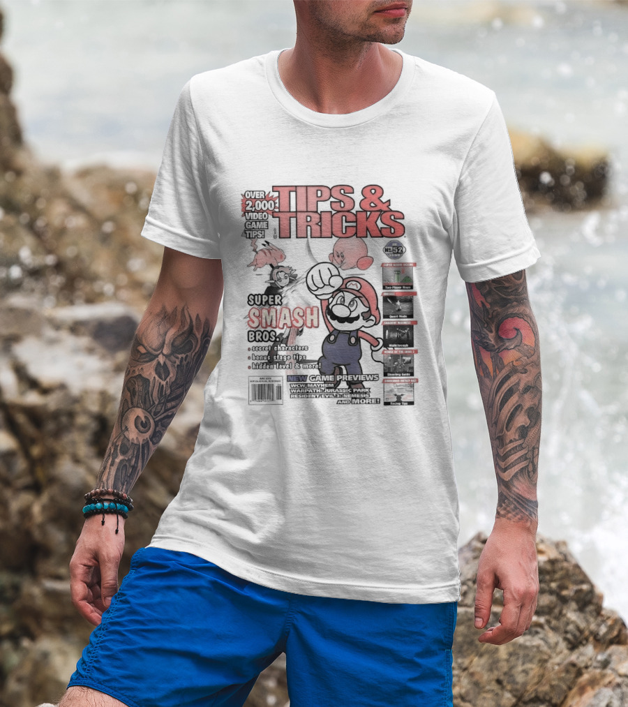 Super Smash Bros Over 2000 Video Game Tips And Tricks Retro Cover Mario Kirby Characters T-Shirt