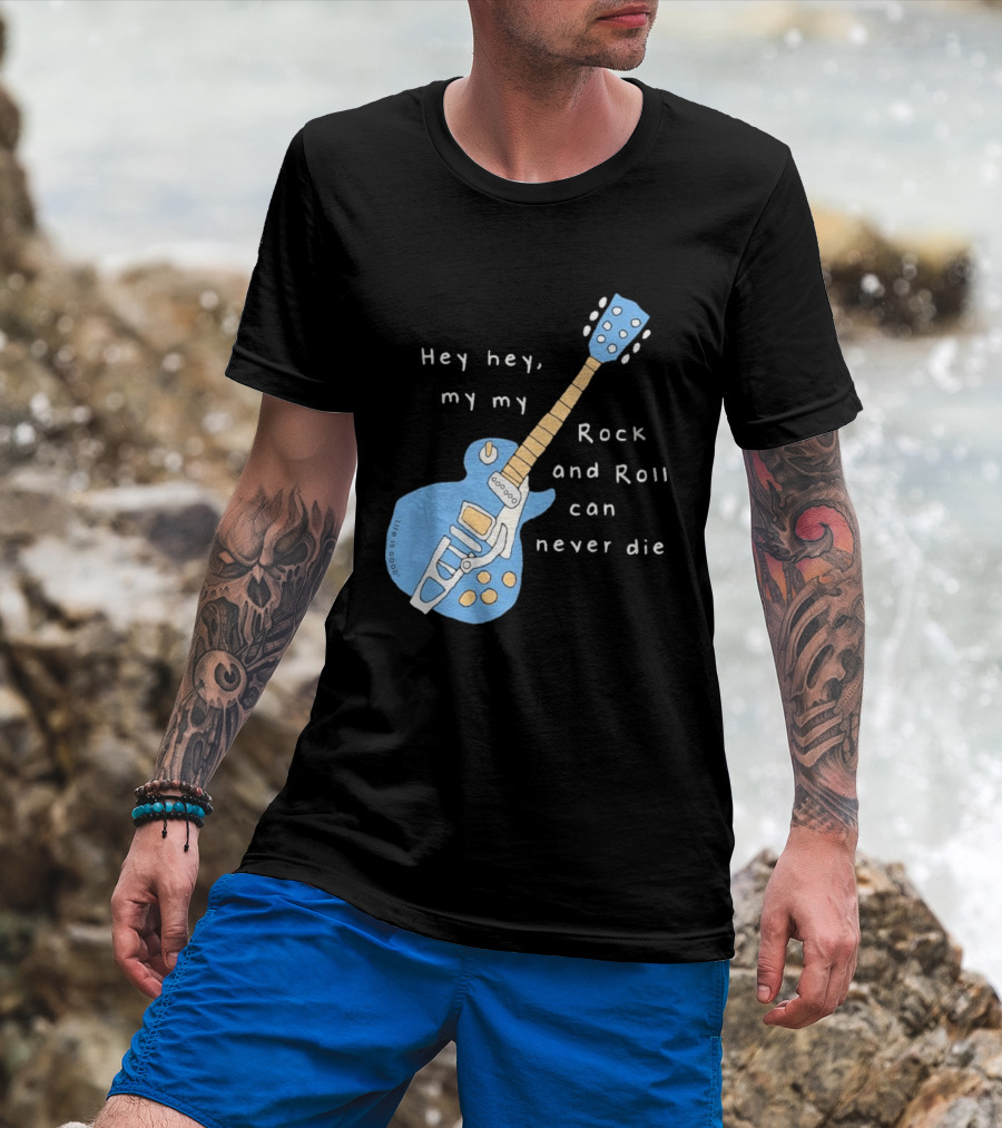 Hey Hey My My Rock And Roll Can Never Die Blue Guitar T-Shirt