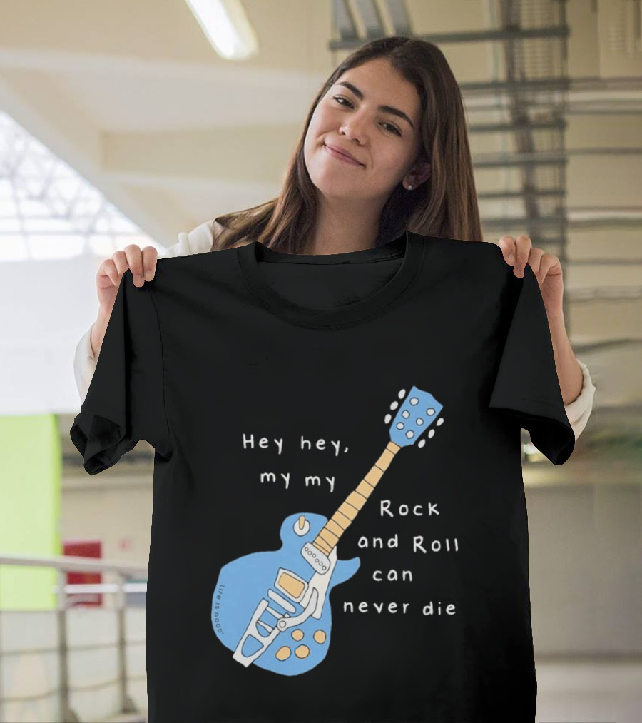Hey Hey My My Rock And Roll Can Never Die Blue Guitar T-Shirt