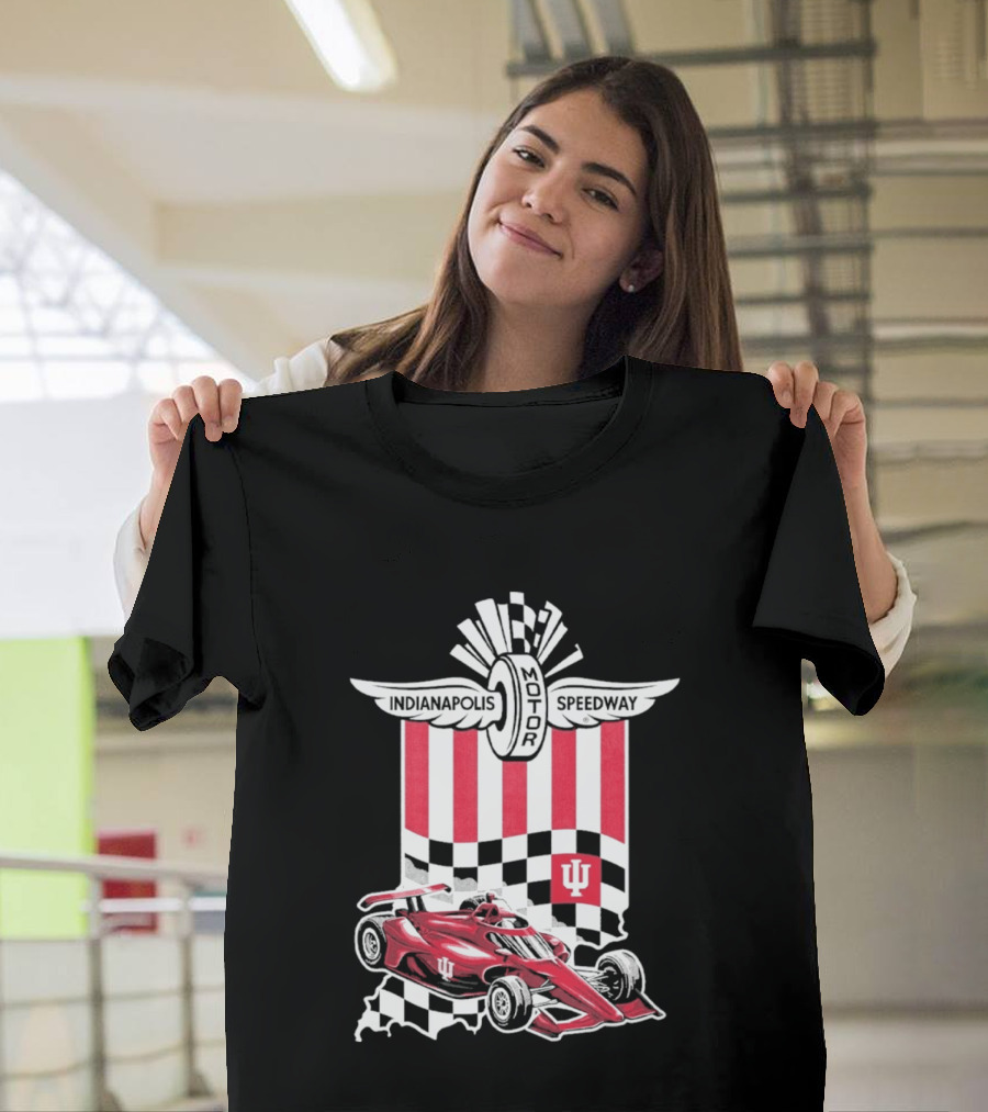 Indiana Hoosiers Red Race Car Indianapolis Motor Speedway Checker Flag T-Shirt