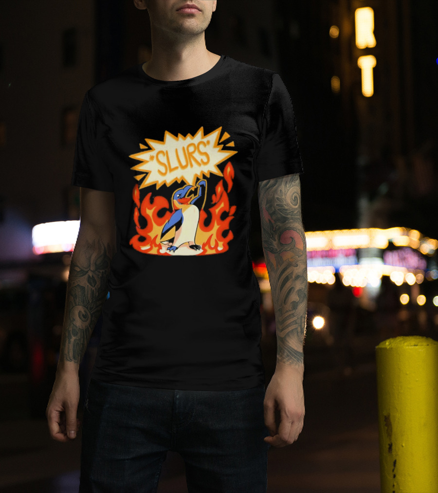 Penguin Slurs Cartoon Flaming Penguin In Fiery Speech Bubble T-Shirt