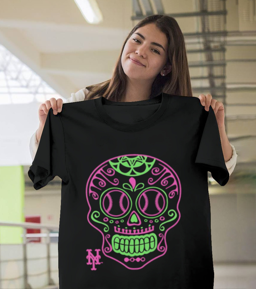 New York Mets Neon Pink Green Sugar Skull 2026 T-Shirt