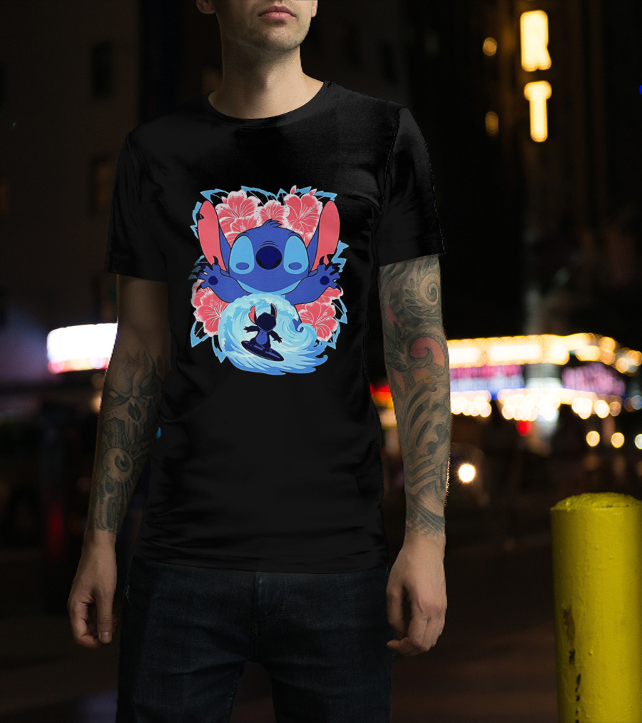 Lilo And Stitch Surfing Tropical Hibiscus Flowers T-Shirt