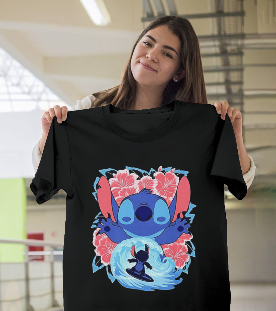 Lilo And Stitch Surfing Tropical Hibiscus Flowers T-Shirt
