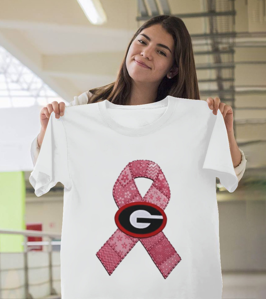 Georgia Bulldogs Patchwork Pink Ribbon Breast Cancer Awareness T-Shirt
