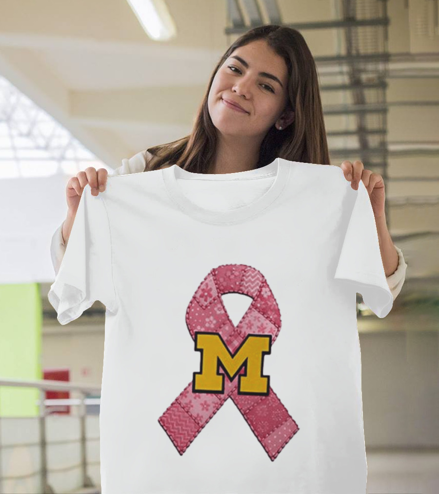 Michigan Wolverines Breast Cancer Awareness Pink Ribbon Patch T-Shirt