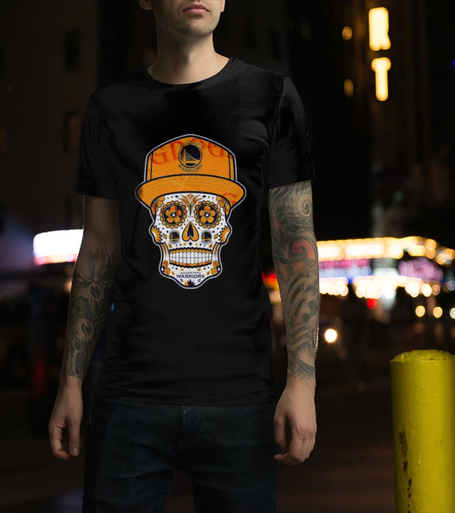 Golden State Warriors Sugar Skull Día De Muertos Cap And Floral T-Shirt