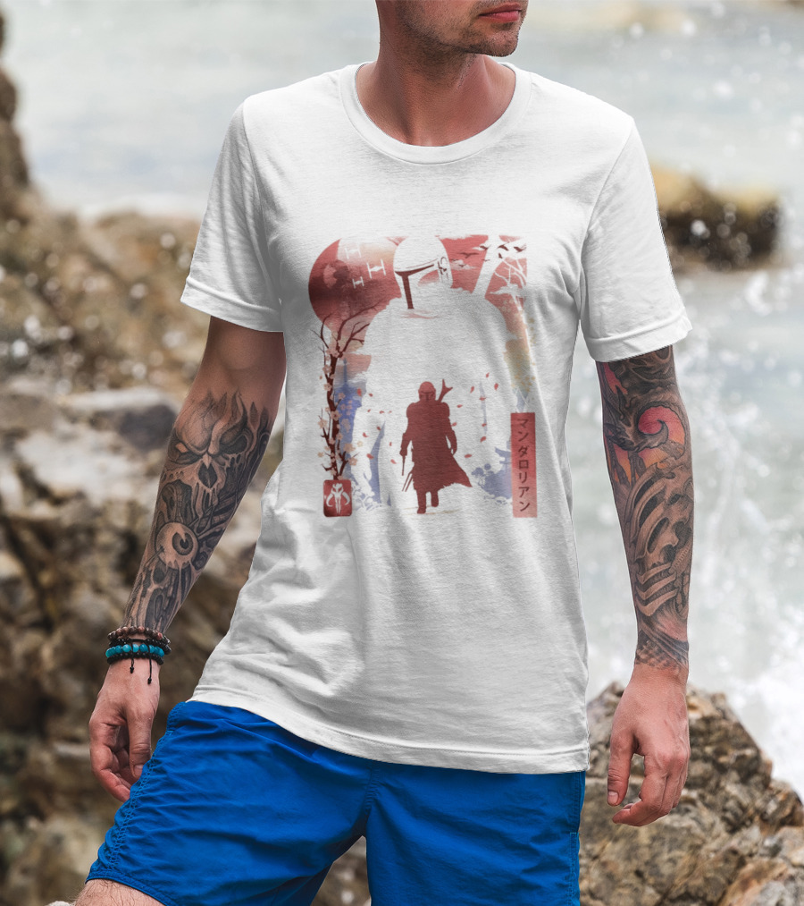 Lone Gunfighter Mandalorian Creed Japanese Text Star Wars Art Red Blue Yellow T-Shirt