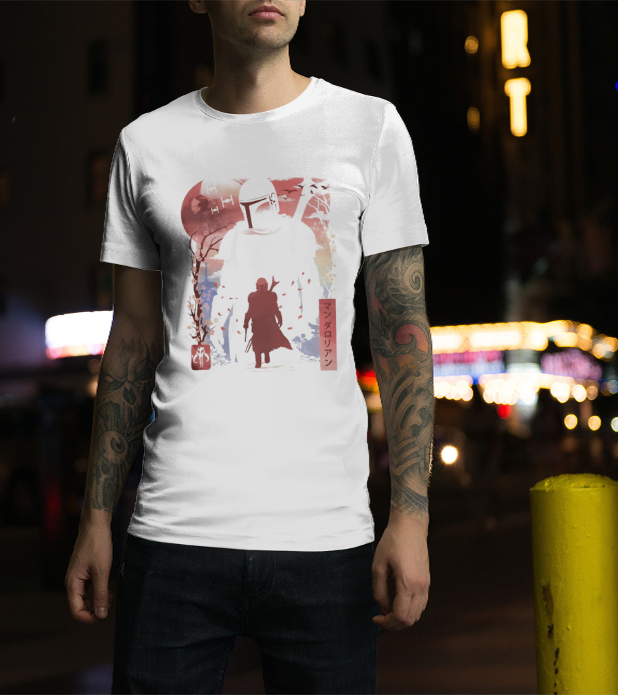 Lone Gunfighter Mandalorian Creed Japanese Text Star Wars Art Red Blue Yellow T-Shirt