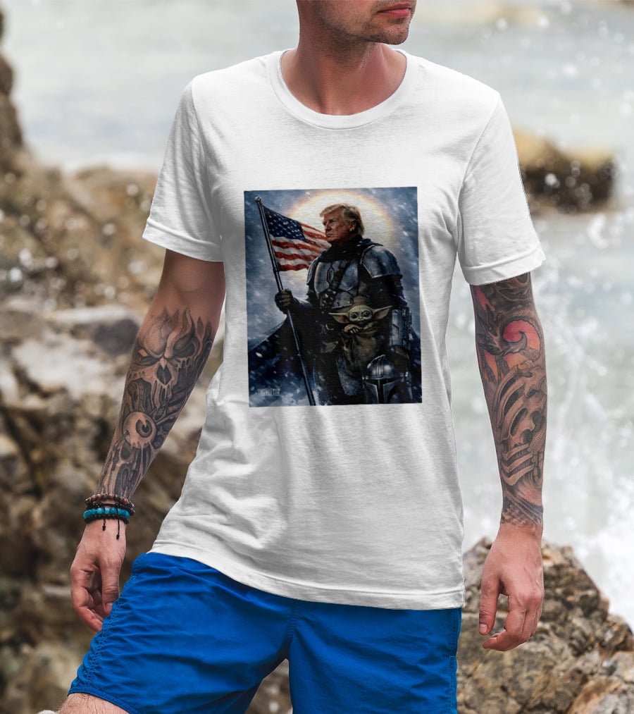 Donald Trump As The Mandalorian Holding American Flag With Grogu Star Wars T-Shirt