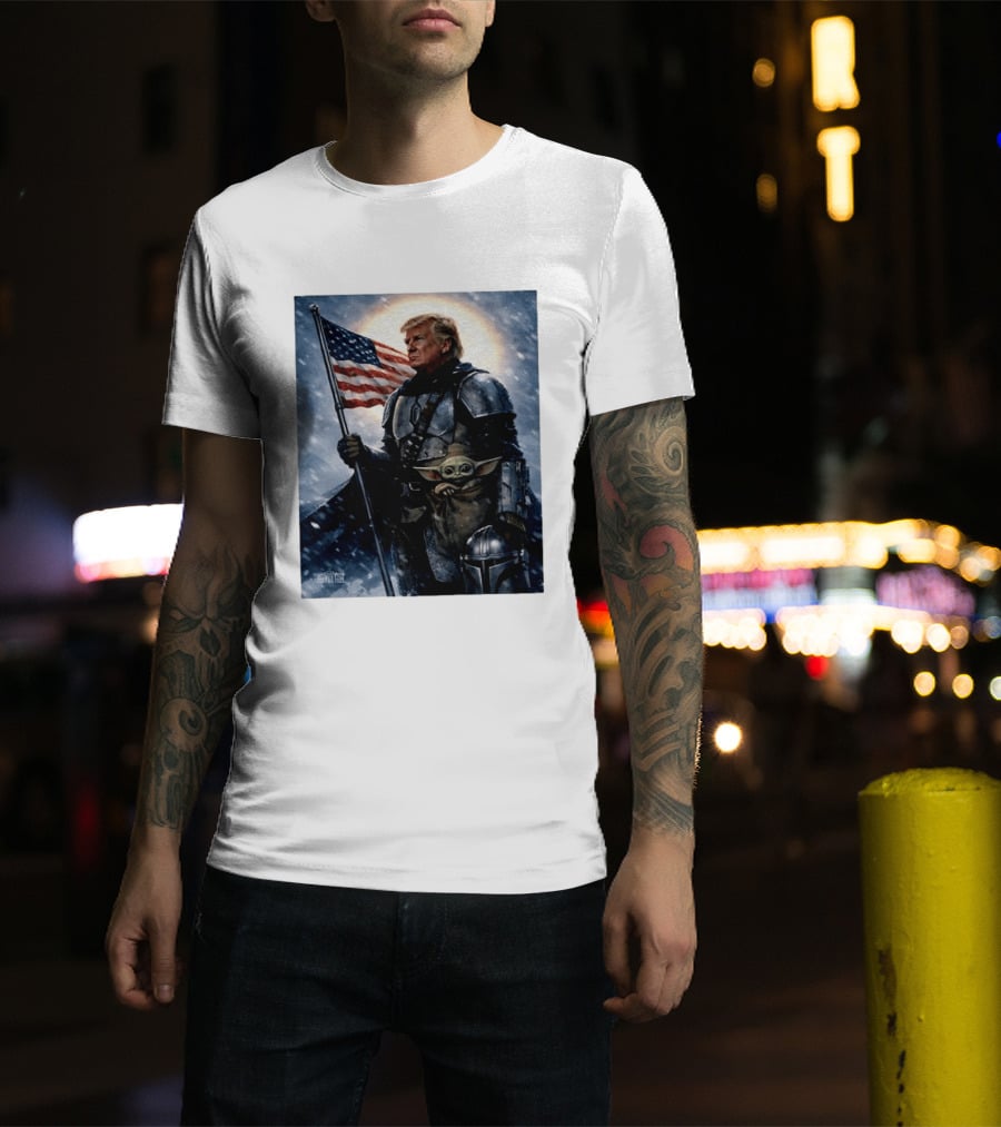 Donald Trump As The Mandalorian Holding American Flag With Grogu Star Wars T-Shirt