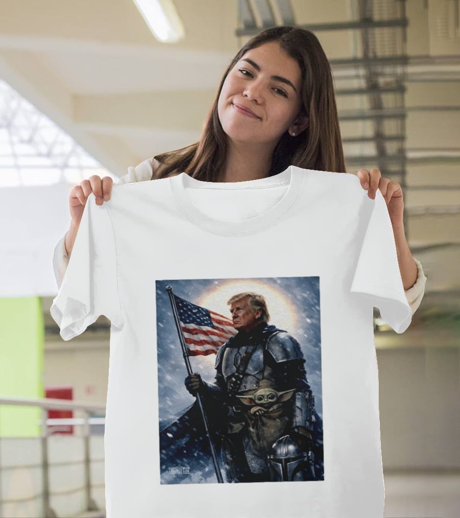 Donald Trump As The Mandalorian Holding American Flag With Grogu Star Wars T-Shirt