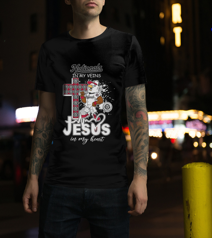 Nationals In My Veins Jesus In My Heart Baseball Cross Christian T-Shirt