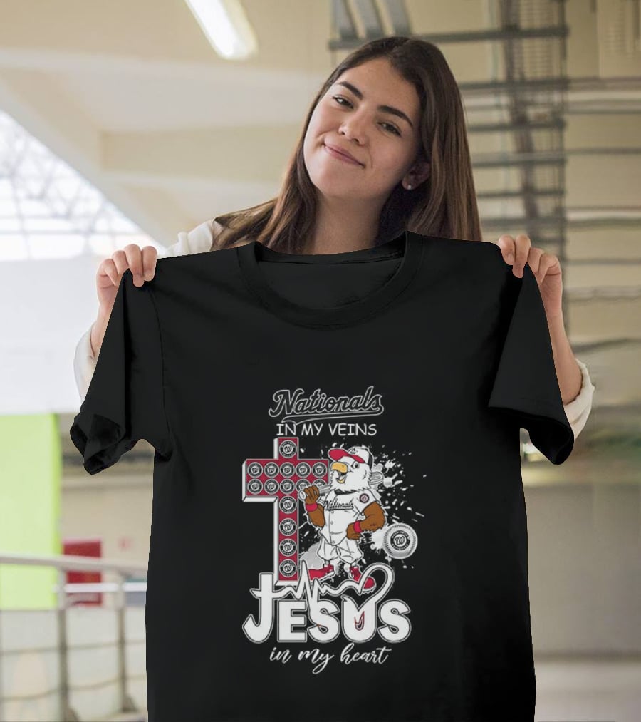 Nationals In My Veins Jesus In My Heart Baseball Cross Christian T-Shirt