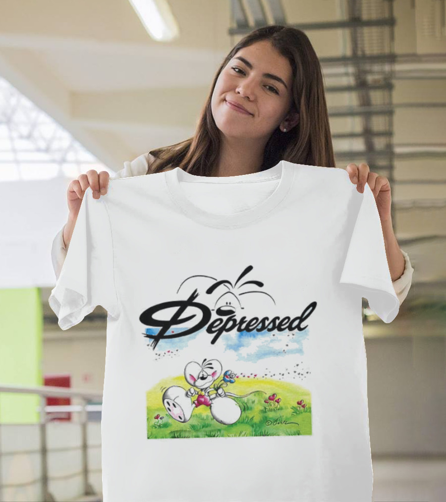 Depressed Diddl White Gerbil Cartoon In Spring Meadow T-Shirt