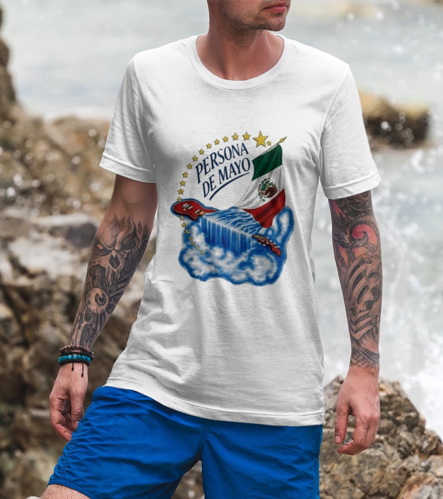 Persona De Mayo Mexican Flag Guitar Waterfall Stars T-Shirt