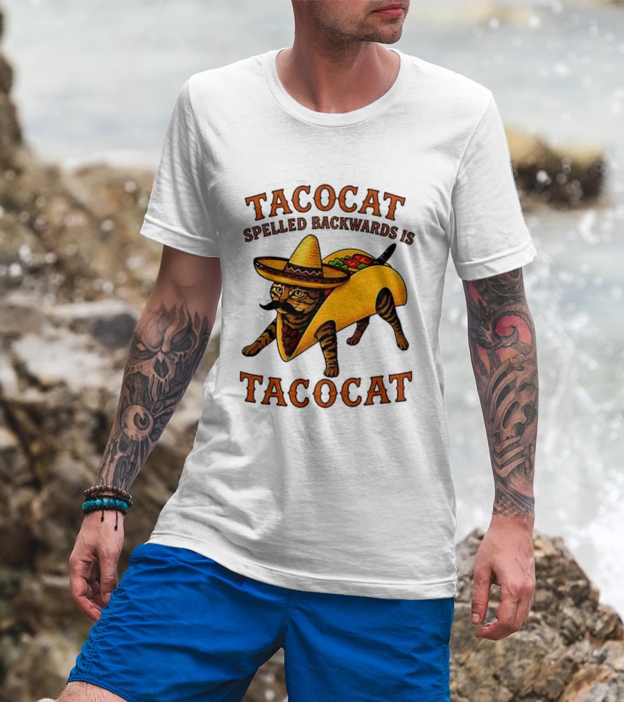 Tacocat Spelled Backwards Is Tacocat Mexican Hat Mustache Cat In Taco T-Shirt