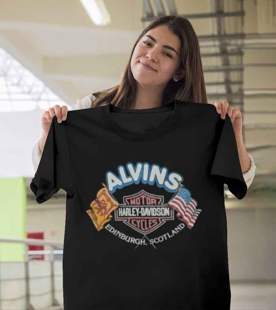1990s Harley Davidson Alvins Motorcycles Scotland USA Flags T-Shirt