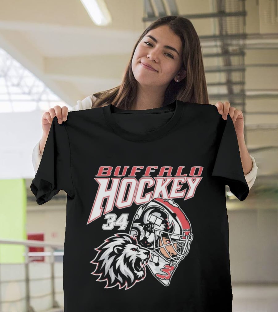 Buffalo Hockey 34 The Lyons Den Lion And Hockey Helmet T-Shirt