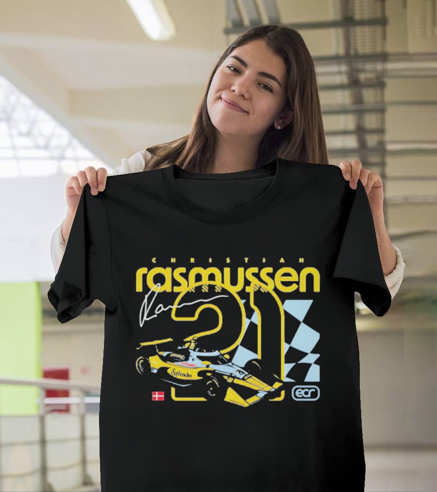 Christian Rasmussen ECR Number 21 Racing Splendor Denmark Flag Checkerboard T-Shirt