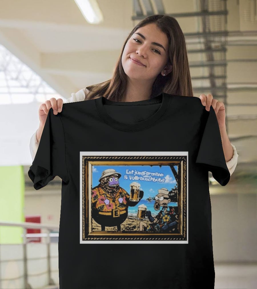 Entjungfermann And Vollrauschbube Tropical Beach Cartoon Characters Cheers With Beer T-Shirt