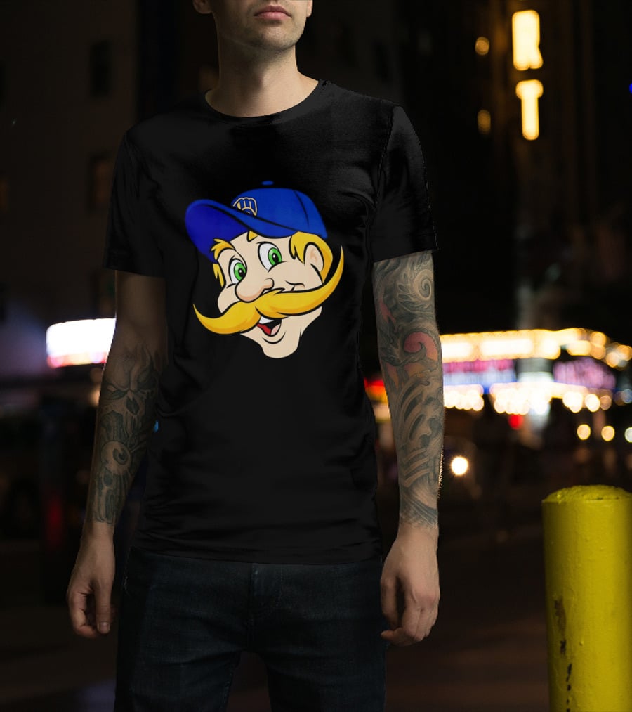 Milwaukee Brewers Big Face Mascot With Blue Cap And Mustache T-Shirt