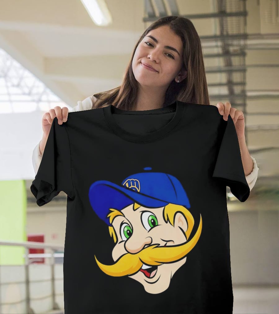 Milwaukee Brewers Big Face Mascot With Blue Cap And Mustache T-Shirt