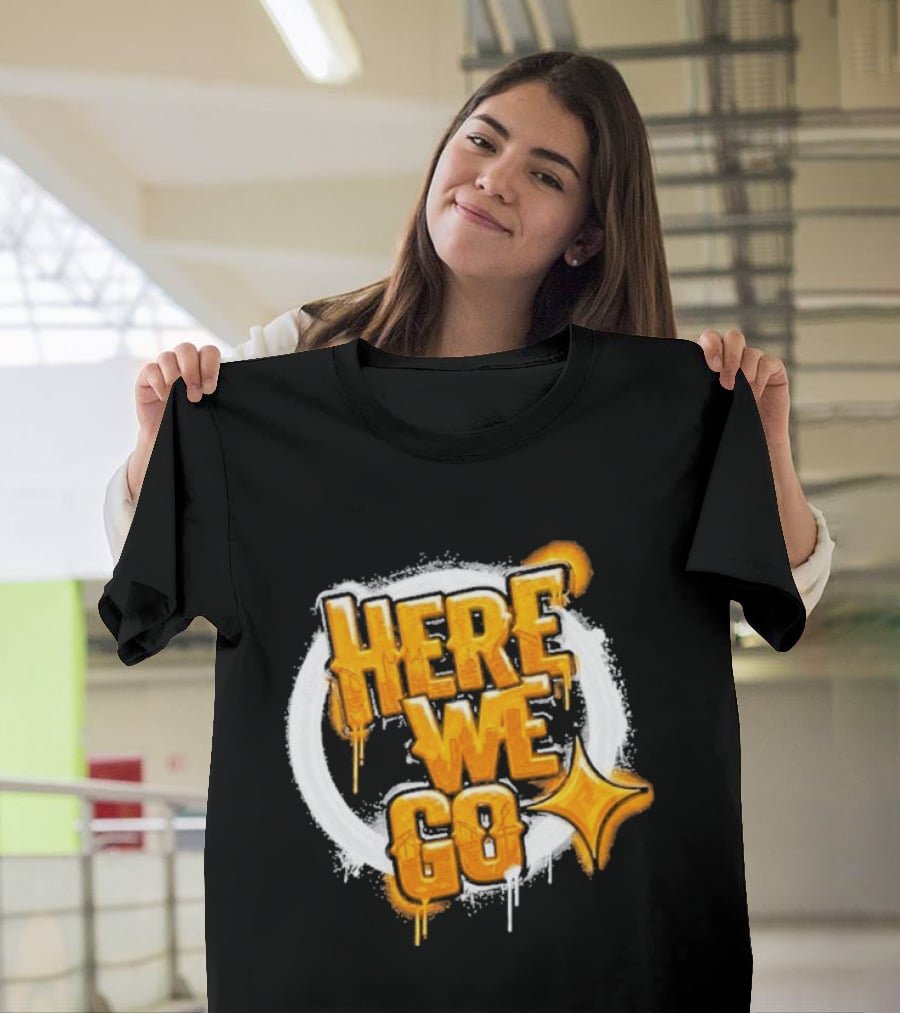 Pittsburgh Steelers Here We Go Yellow Graffiti Text With Star T-Shirt