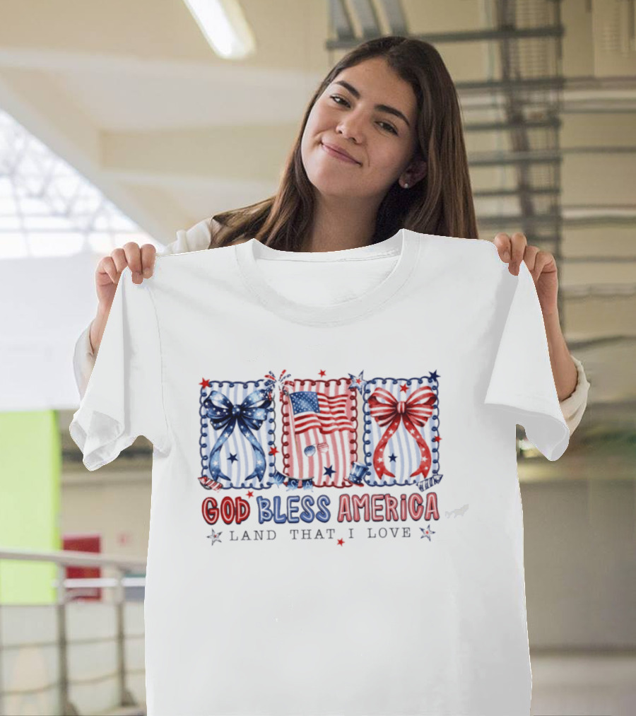 Coquette God Bless America Land That I Love Patriotic Fourth Of July Bows And Flags T-Shirt