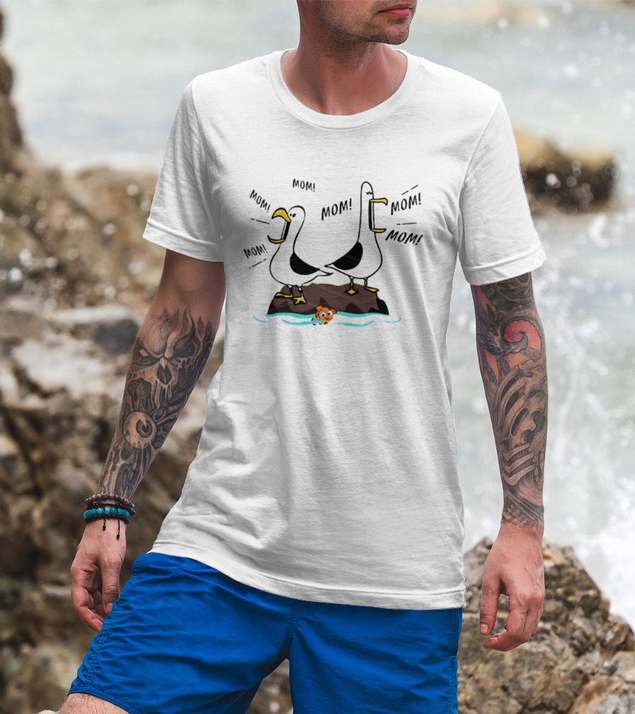Seagull Mom Finding Nemo Disney Characters On Rock With Fish T-Shirt