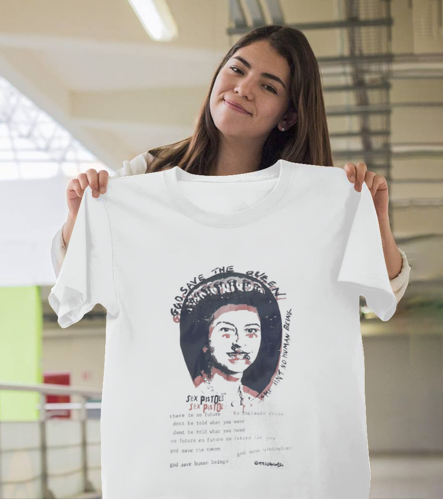 Sex Pistols God Save The Queen She Ain't No Human Being Union Jack Collar T-Shirt