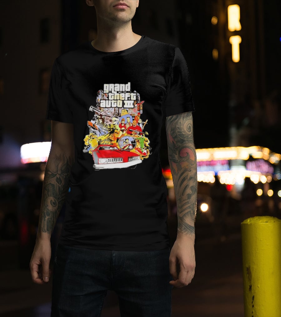 Grand Theft Auto III Characters Action Collage With Iconic Red Car T-Shirt