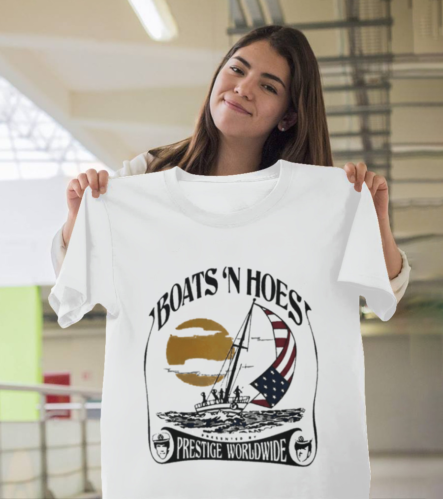 Boats N Hoes Prestige Worldwide USA Flag Sailing Sun Ocean T-Shirt