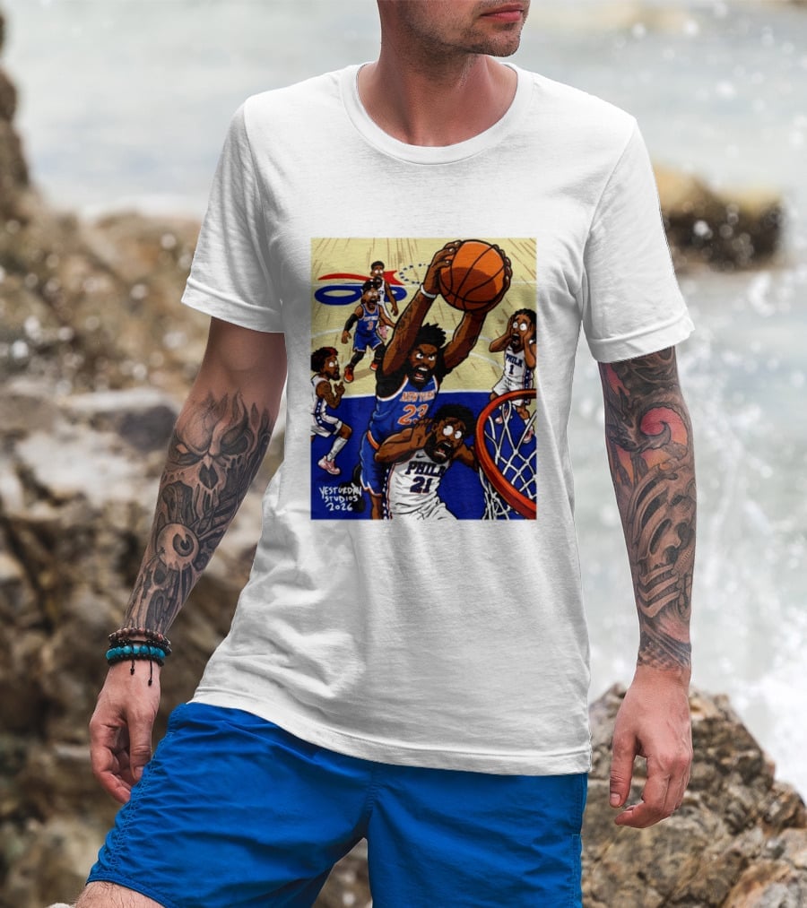 New York Knicks Mitchell Robinson Dunking On Philadelphia Joel Embiid Caricature 2026 Basketball Action T-Shirt