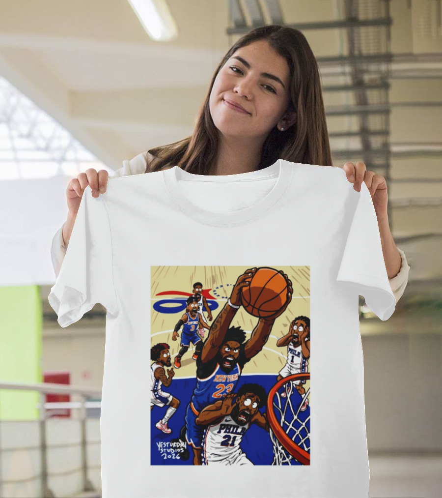 New York Knicks Mitchell Robinson Dunking On Philadelphia Joel Embiid Caricature 2026 Basketball Action T-Shirt