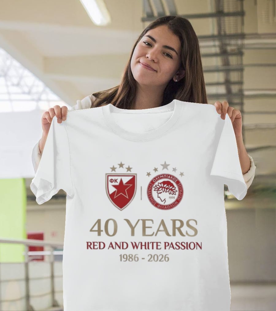 Olympiacos FC 40 Years Red And White Passion 1986 2026 T-Shirt