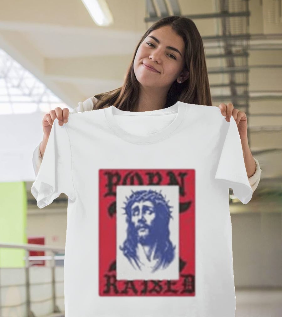 Born X Raised Salvation Jesus Crown Of Thorns Red Blue T-Shirt