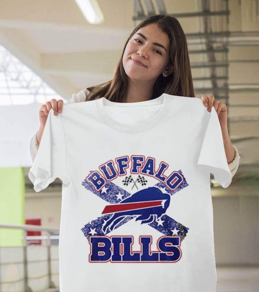 Buffalo Bills Caricature With Flag And Crossed Checkered Flags T-Shirt