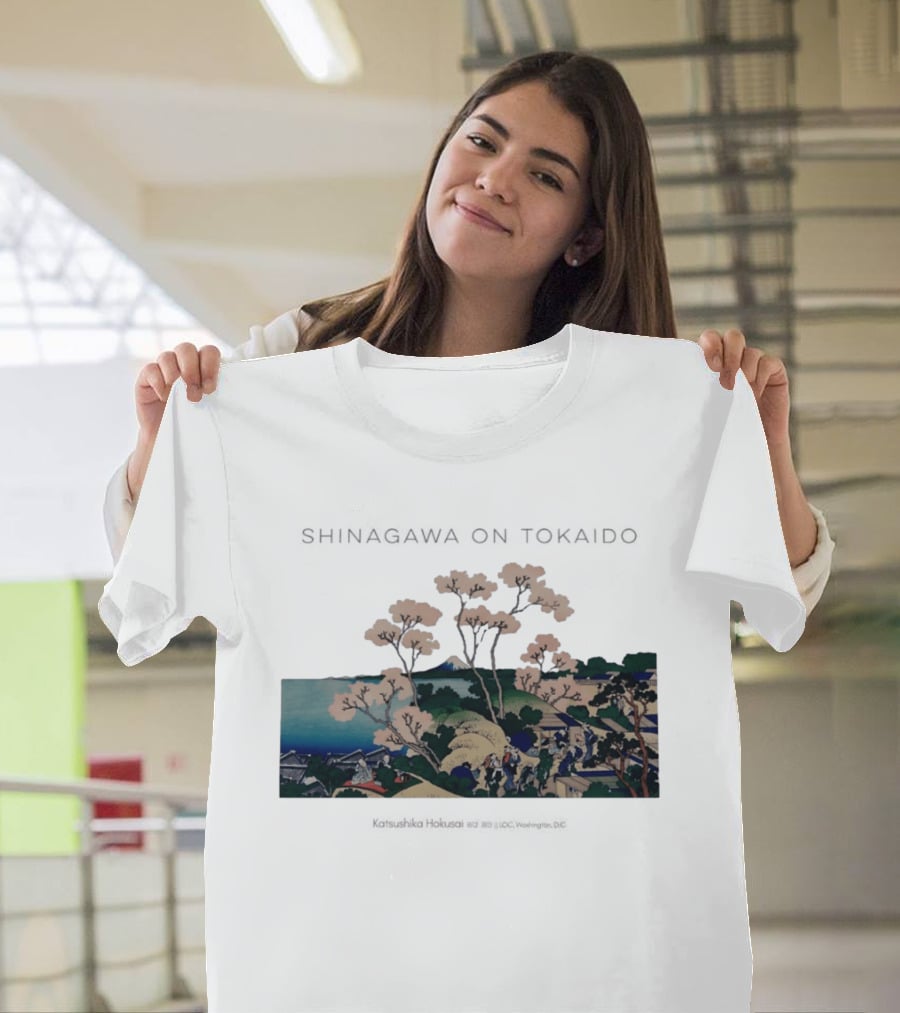 Shinagawa On Tokaido Katsushika Hokusai Cherry Blossoms And Travelers In Edo Period Japan T-Shirt