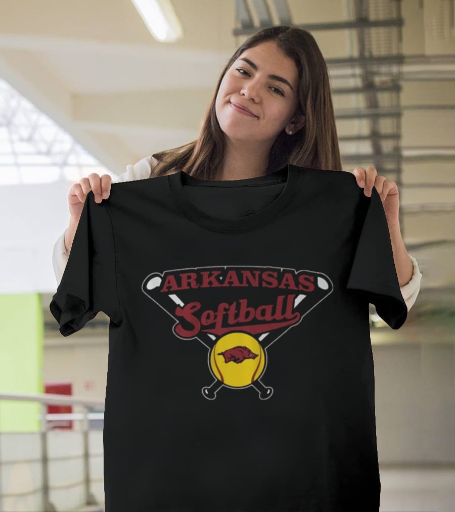 Arkansas Softball Crossed Bats Razorbacks Yellow Ball T-Shirt